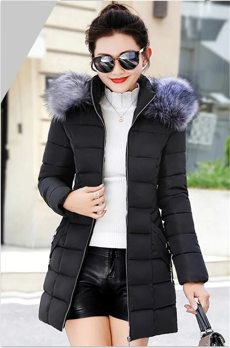 Winter Female Long Jacket Winter Coat Women Fake Fur Collar Warm Woman Parka Outerwear Down Jacket Winter Jacket Women Coat N204