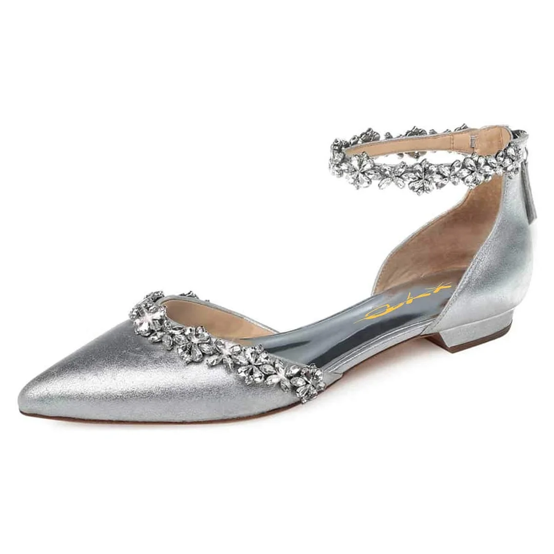Silver  Closed Pointed Toe Rhinestone Pumps With Low Chunky Heels Nicepairs