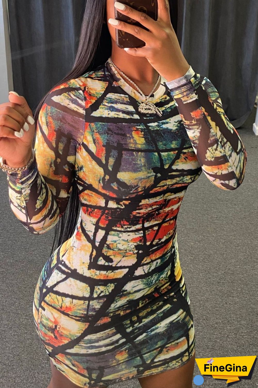 Colour Casual Print Basic O Neck Long Sleeve Dresses