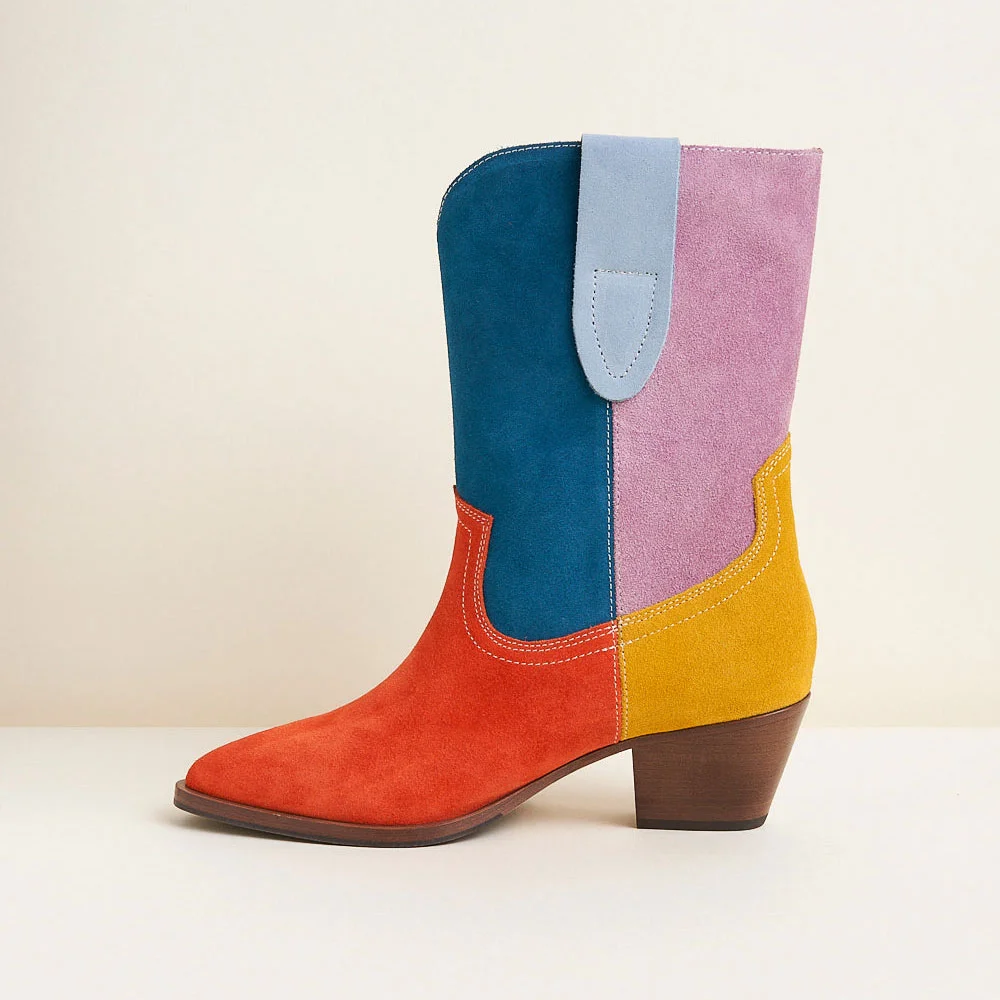 Stylish Color Block Round Toe Chunky Heel Short Cowgirl Boots