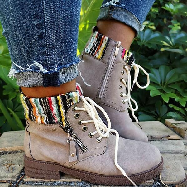  Zipper Hit Color Woolen Split Joint Lace Up Platform Boots