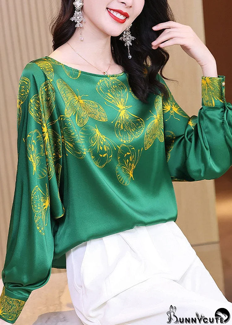 Plus Size Green O-Neck Butterfly Print Silk Blouse Tops Long Sleeve