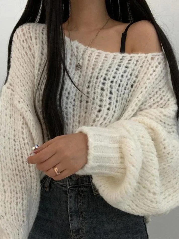 Brownm Cutout Lantern Sleeve Baggy Sweater