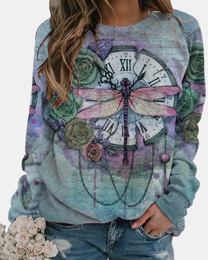 Dragonfly Floral Print Long Sleeve Sweatshirt