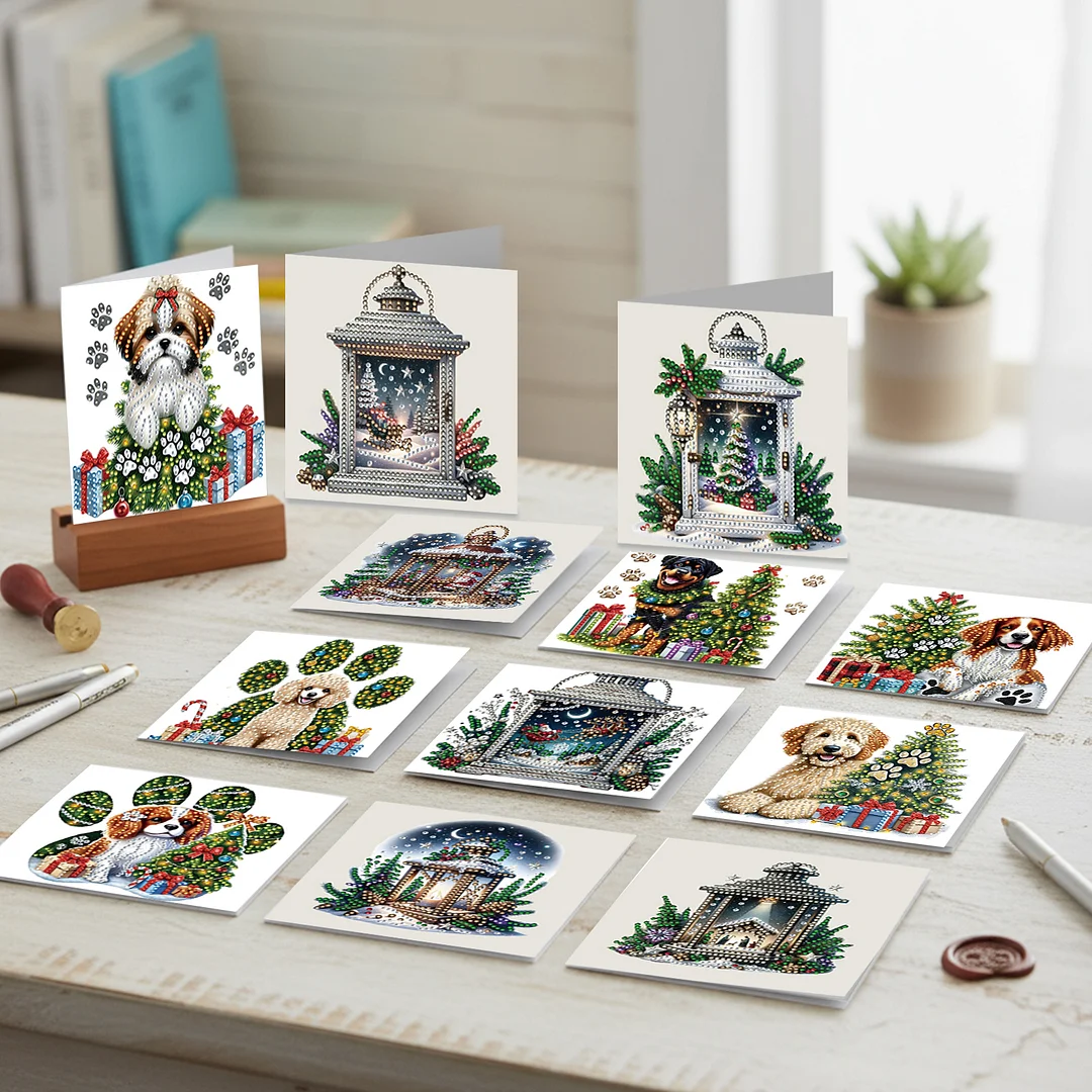 12Pcs Xmas Dog DIY Diamond Painting Greeting Cards for Adult Holiday Gifts
