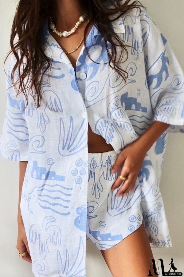 MidiSono - Quiet Beach Linen Blend Printed Oversized Blouse and Elastic Waist Shorts Set