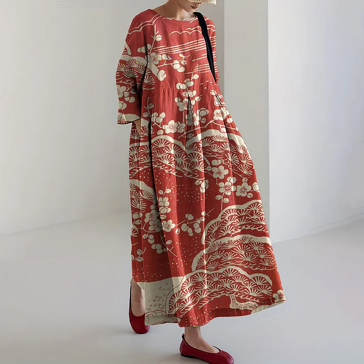 Comstylish Women Japanese Art Plum Blossom Linen Blend Long Sleeve Maxi Dress