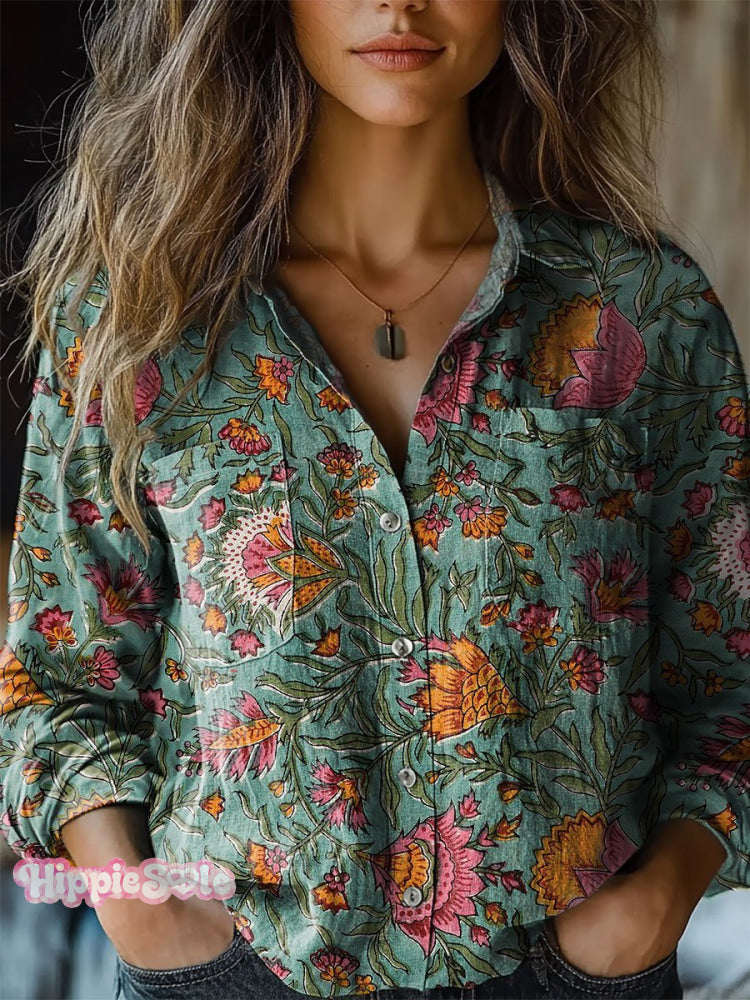 Women’s Retro Flowers Print Casual Long Sleeve Comfortable Cotton Shirt Multicolor / S