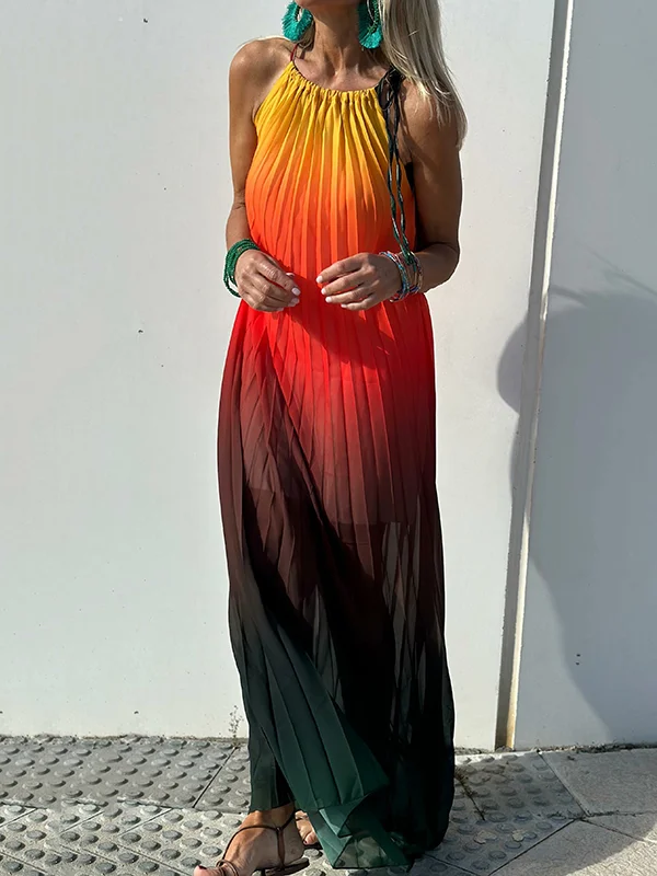 Multi-Colored Pleated Loose Sleeveless Halter-Neck Maxi Dresses