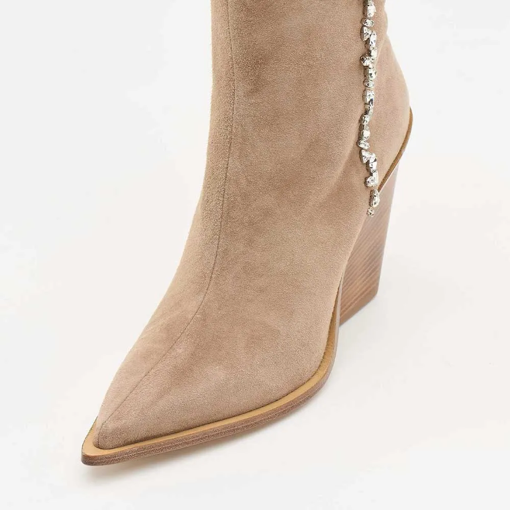 Vegan Suede Pointed Toe Rhinestone Western Boots for Women in Brown