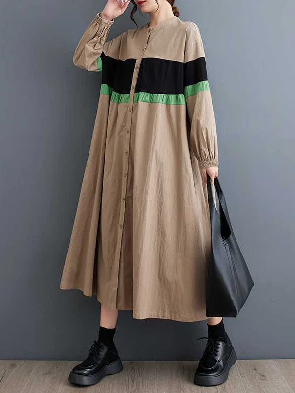 Buttoned Contrast Color Elasticity Split-Joint Long Sleeves Loose Round-neck Midi Dresses