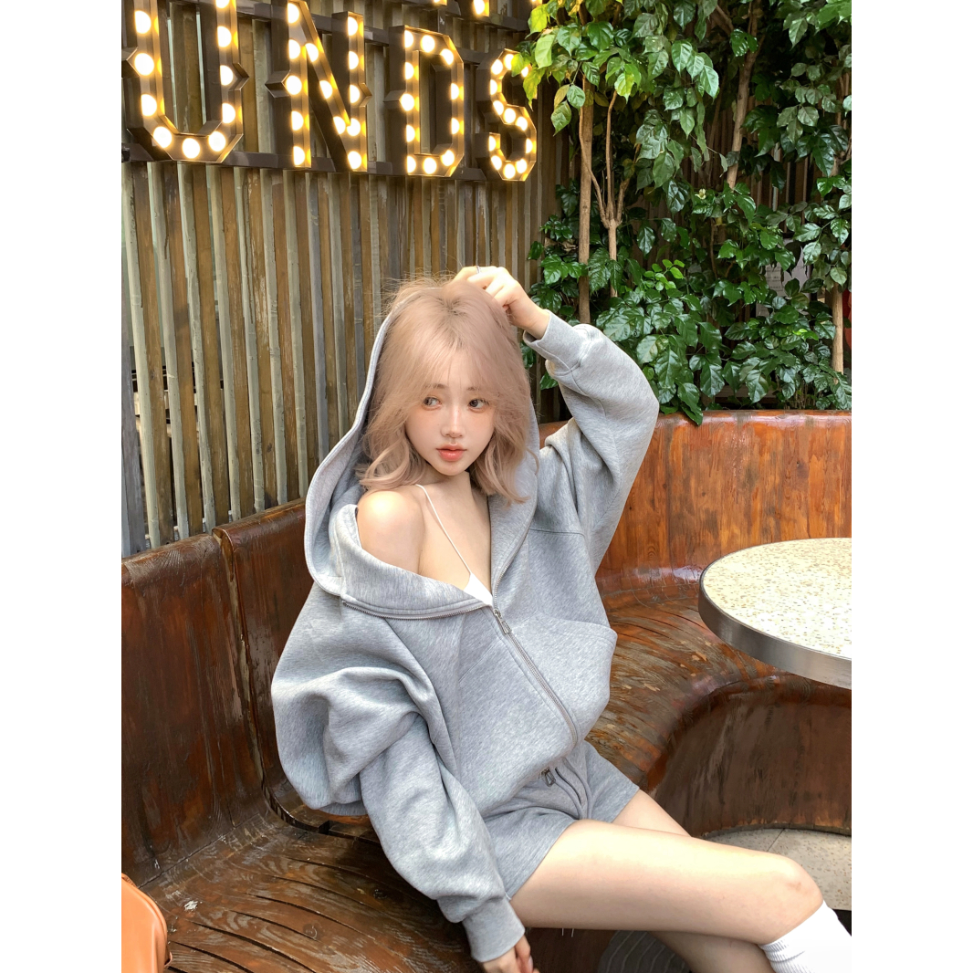 Issacrm Sports Casual Set Grey Loose Hoodie Women Clothing Early Autumn High Waist Straight Leg Slim Shorts Two Piece Set Women Outfits