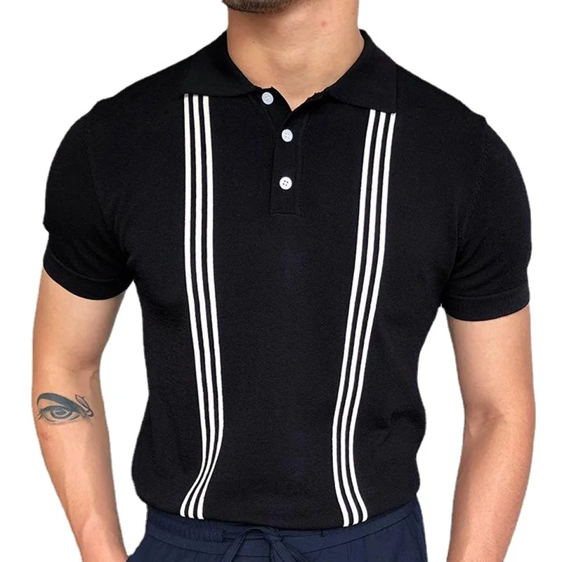Uveng Uveng Men's Summer Striped Casual T-Shirt Black Short Sleeves POLO Shirt SY0097