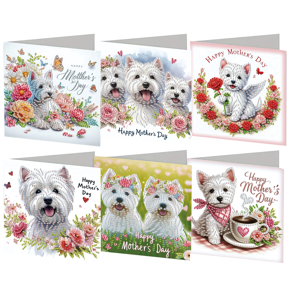 6Pcs West Highland Diamond Painting Greeting Card with Envelope for Mothers Day