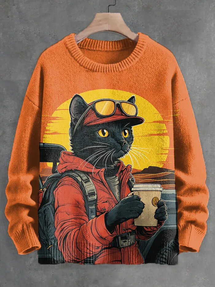 Men's Sunset Camping Black Cat Coffee Art Print Knit Sweatshirt