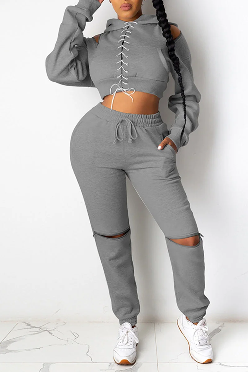 Grey Sexy Solid Bandage Patchwork Backless Zipper Hooded Collar Long Sleeve Two Pieces | EGEMISS