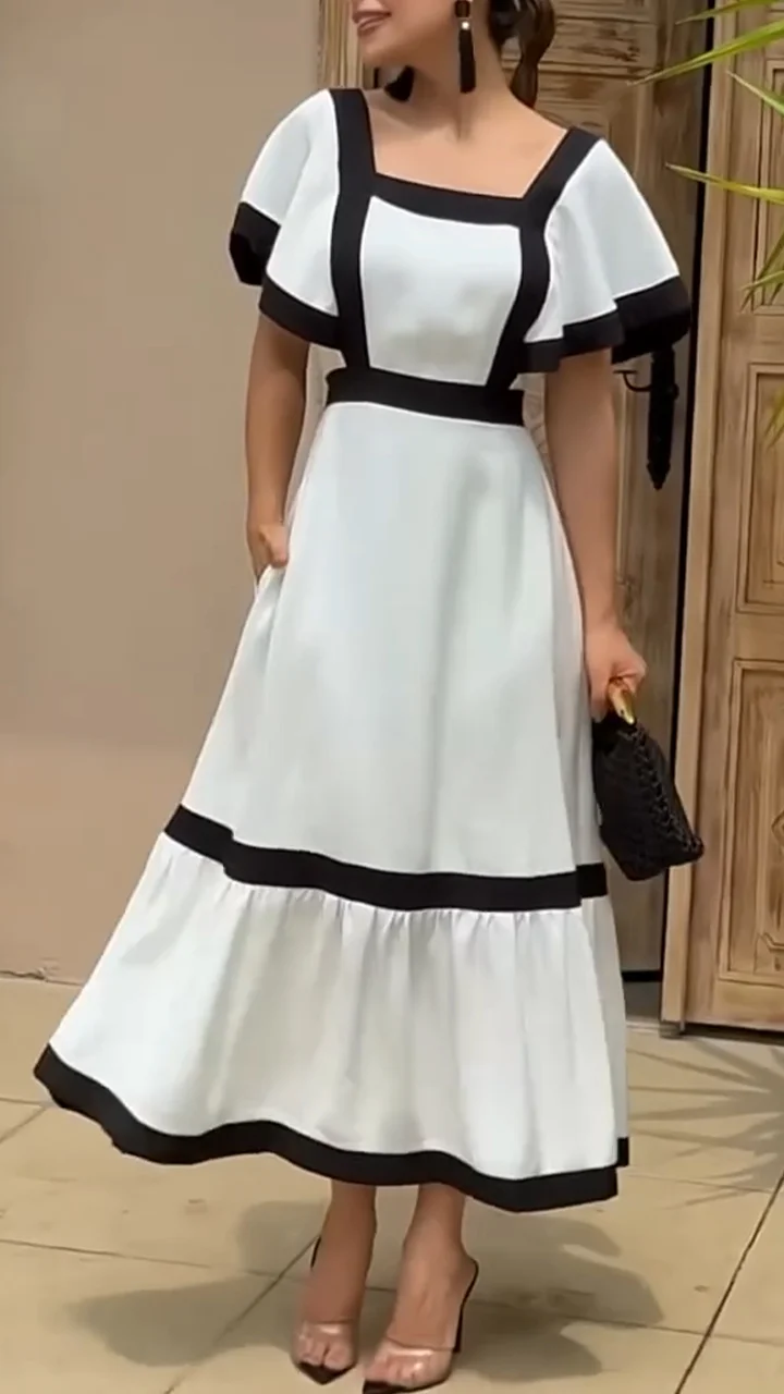 🌸Women's Square Neck Striped Patchwork Casual Dress💕