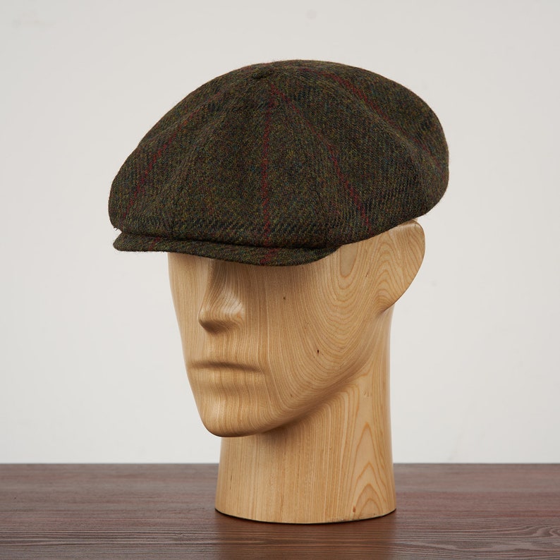 SHELBY Harris Tweed Genuine Scottish 8 Panels Newsboy PEAKED  Cap Applejack Bandit Hooligan Vintage Gangster Wool Fall Hat GREEN-RED