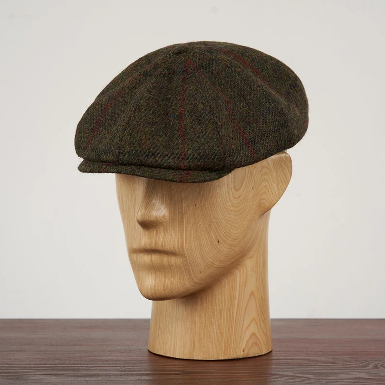 SHELBY Harris Tweed Genuine Scottish 8 Panels Newsboy PEAKED  Cap Applejack Bandit Hooligan Vintage Gangster Wool Fall Hat GREEN-RED