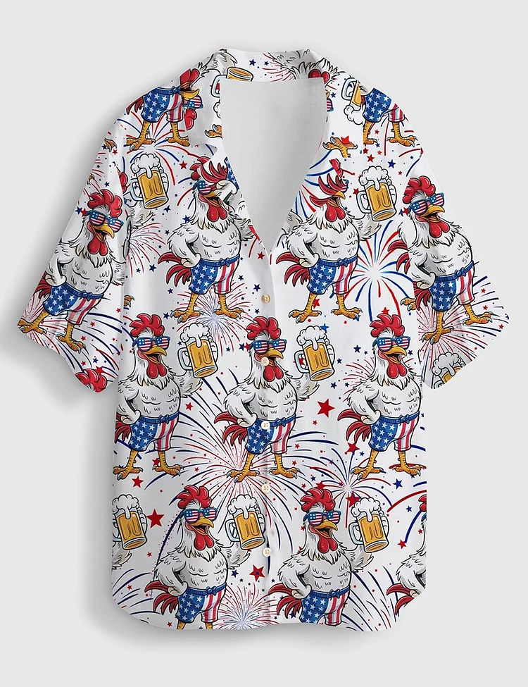 Women&rsquo;s Patriotic Rooster With Beer 4th Of July Short Sleeve Linen Blend Hawaiian Shirt