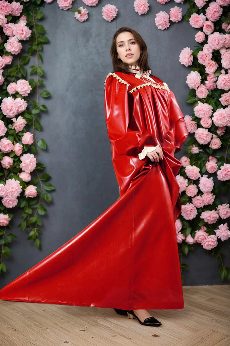 Women Latex Dress Rose Nightingale Vintage Red and Yellow Red Ruffled Robe