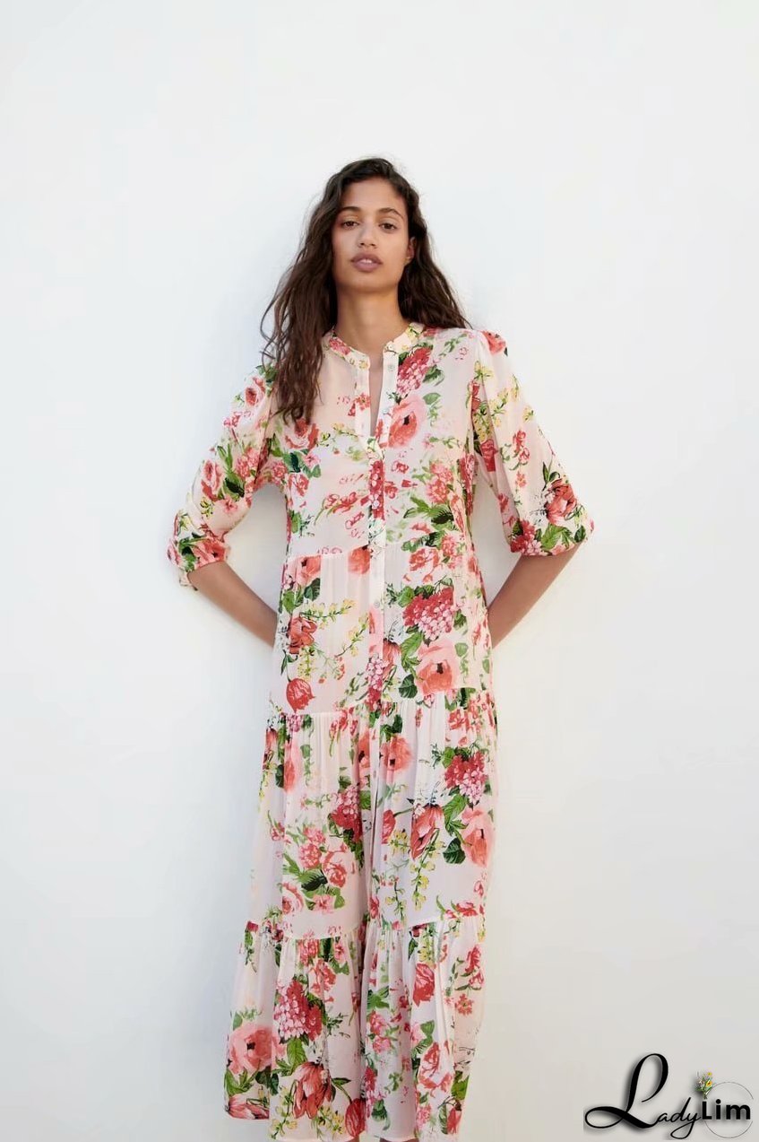 Single-Breasted Dress with Long Sleeves and Floral Print for Women