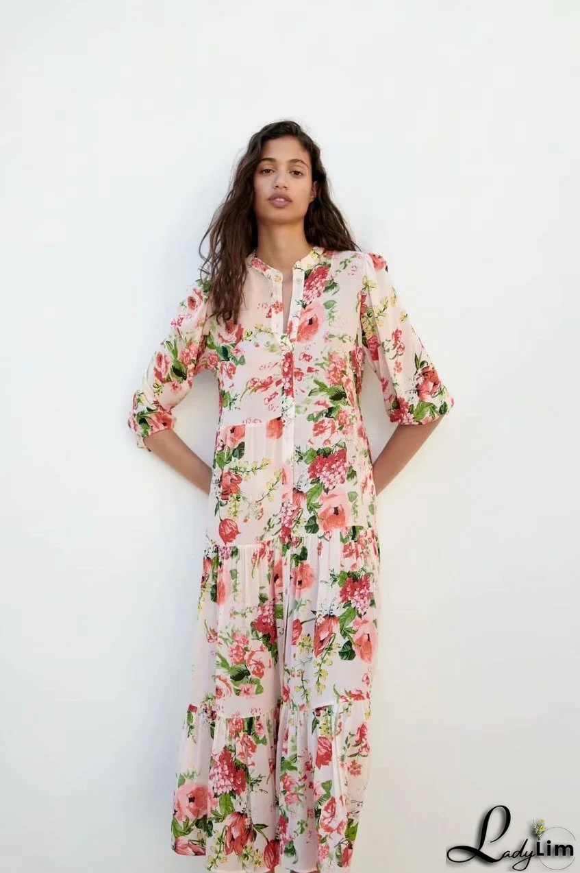 Single-Breasted Dress with Long Sleeves and Floral Print for Women