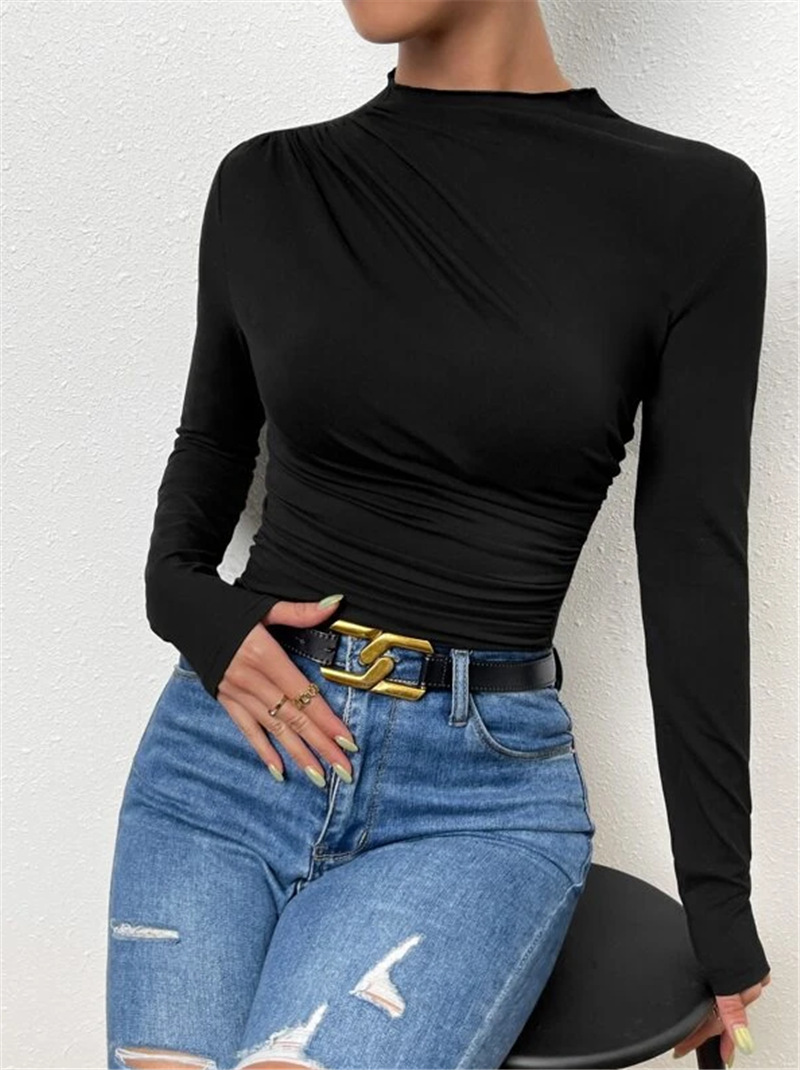 Ootddress Solid Casual Pleated T-shirt For Women Patchwork Long Sleeve High Waist Inner Ruffled Crop top Ladies Vintage Y2k Top Tee