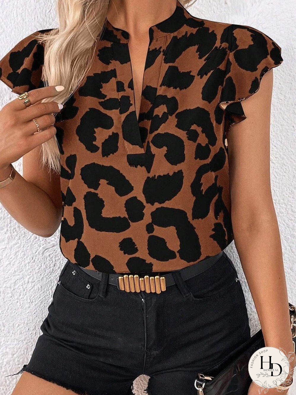 Leopard Print Split Neck Ruffle Sleeve Brown Blouse