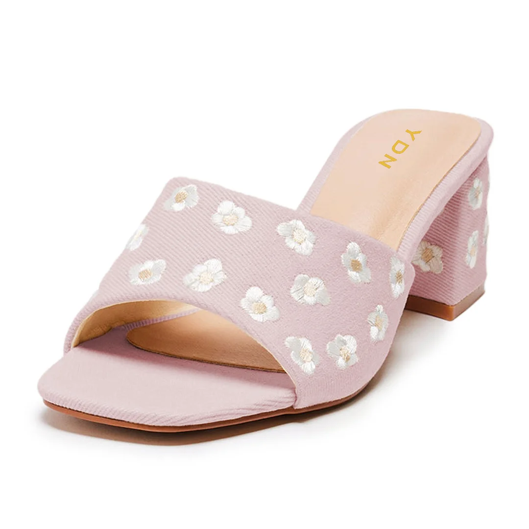 Pink Open Toe Block Heel Floral Embroidery Slide Sandals Women