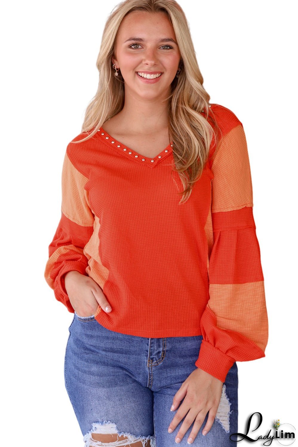 Studded V Neckline Textured Knit Top