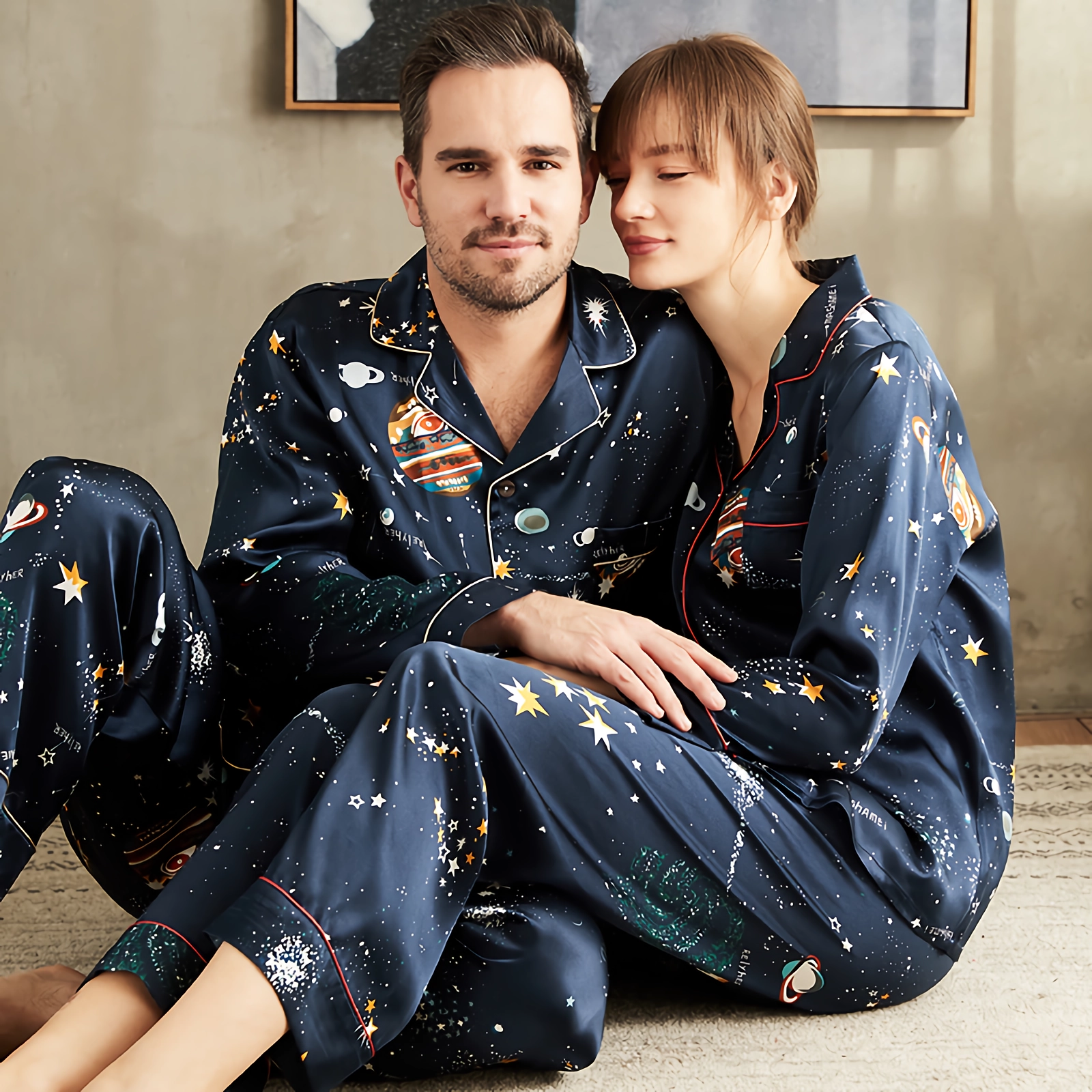22 Momme Universe Printed Long Sleeves Couple's Silk Pajamas REAL SILK LIFE