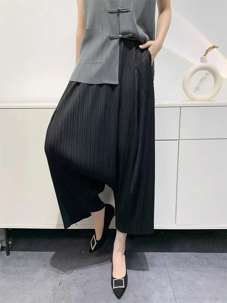 Casual Navy High Waist Pockets Pleated Wide Leg Harem Pants