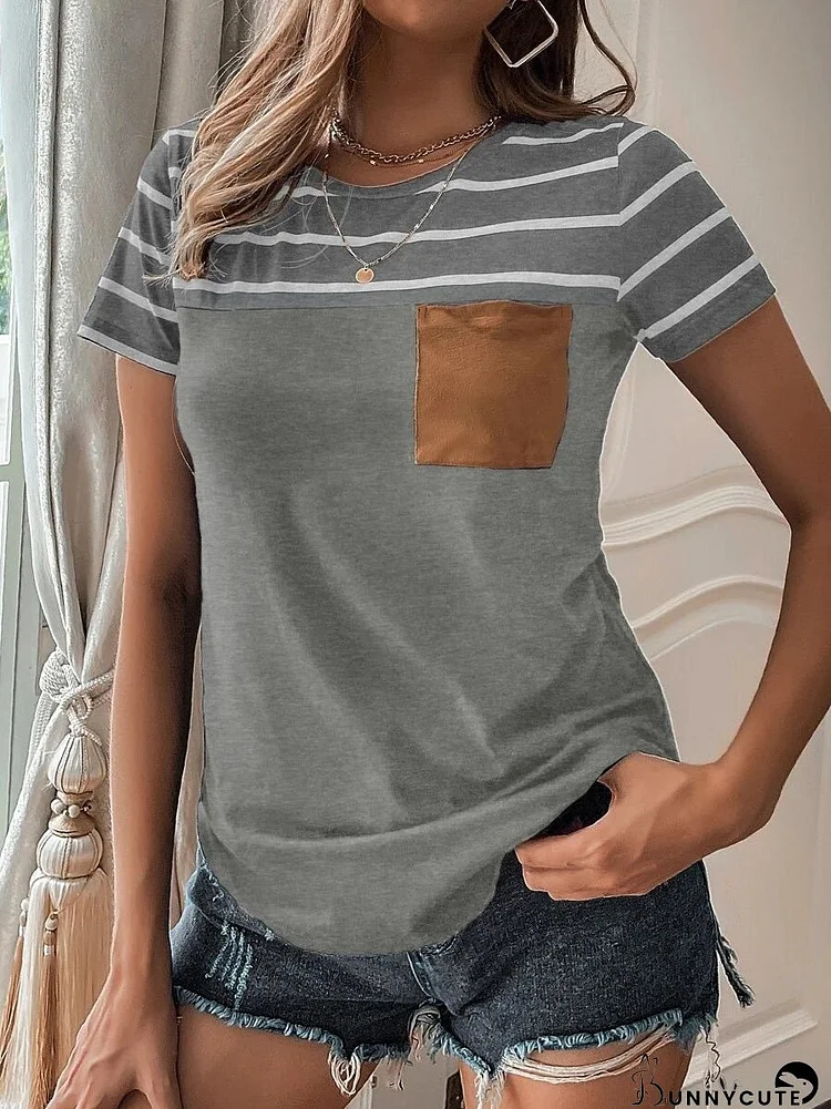 Women's T-Shirts Striped Pocket Round Neck Short Sleeve T-Shirt