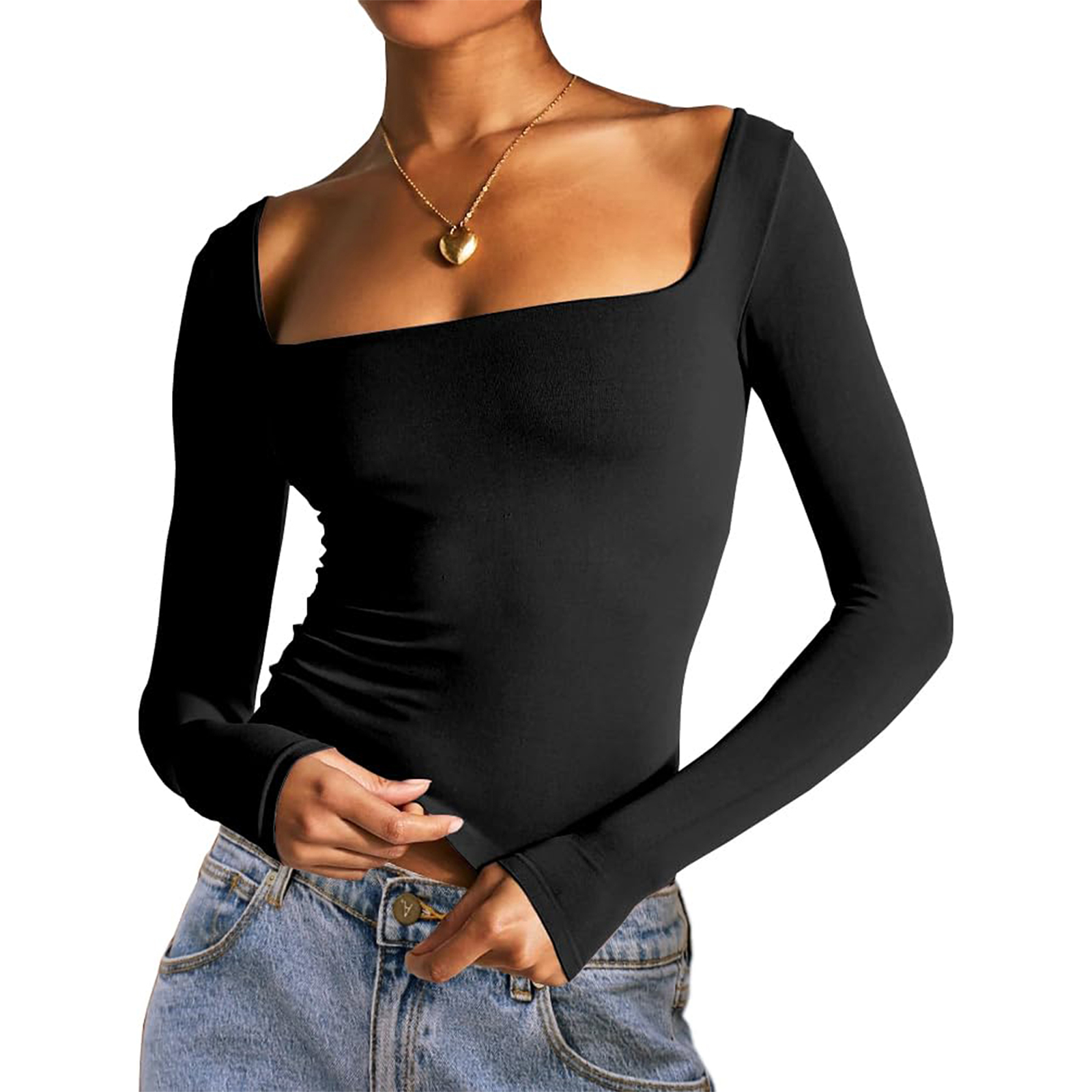 Metzwheels fall casual outfits women 2025 Women's Summer Slim Cropped Tops Solid Color Long Sleeve Square-Neck Basic T-Shirt Streetwear