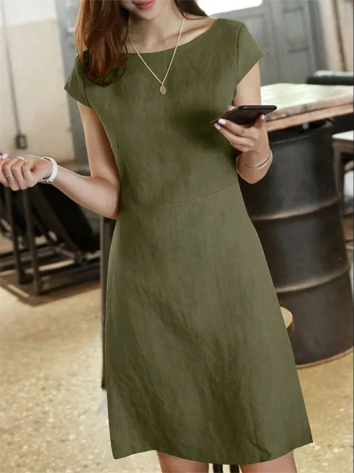 Summer Comfortable Casual Female Cotton and Linen Solid Color Back Big V Hollow-out Round Neck Dress, Navy Blue, Orange Red, Army Green, Matcha Color-JRSEE