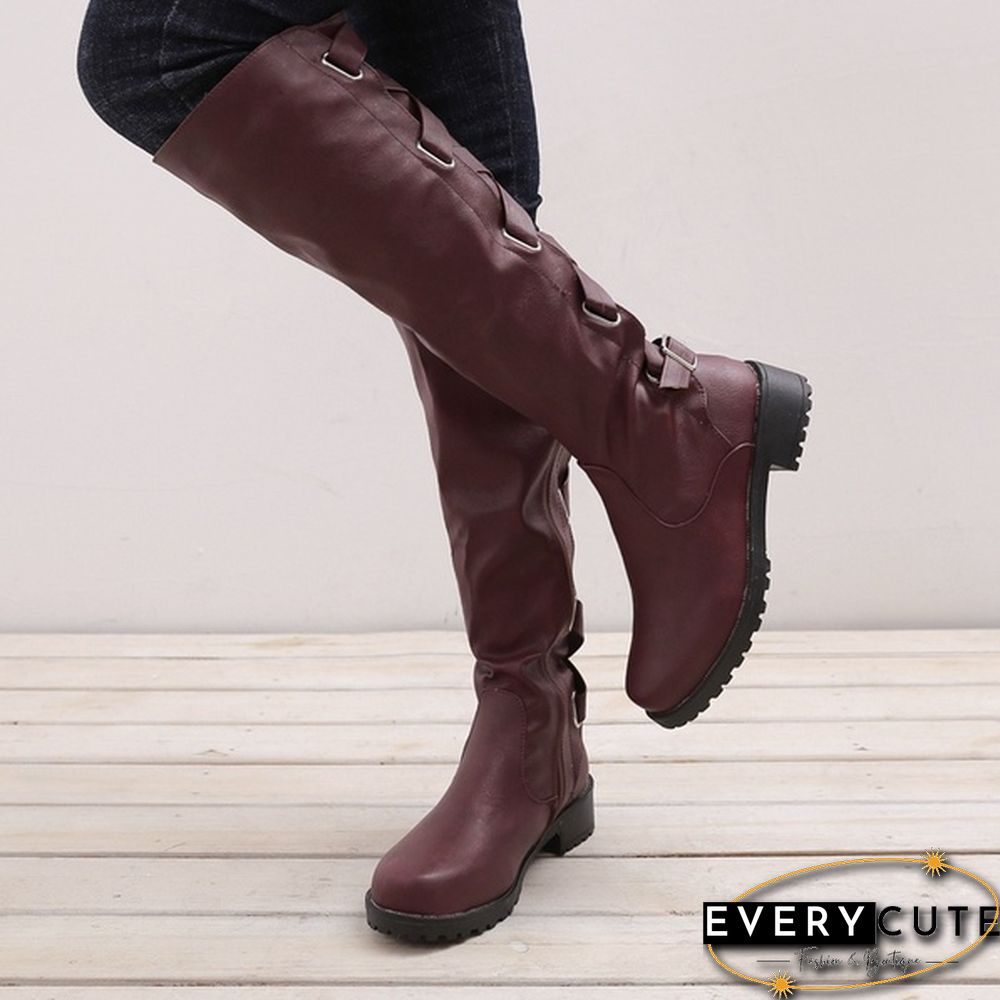 Women Winter Low Heel Belt Buckle Riding Leather Boots Knee High Cowboy Boots (Please Choose A Larger Size)