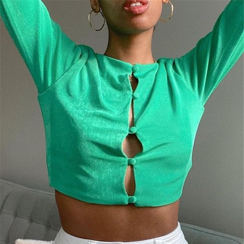 BOOFEENAA Sexy Long Sleeve Blouse Crop Top Spring 2021 Women Fashion Button Up Cardigan Orange Green Ladies T Shirt C92-CB15