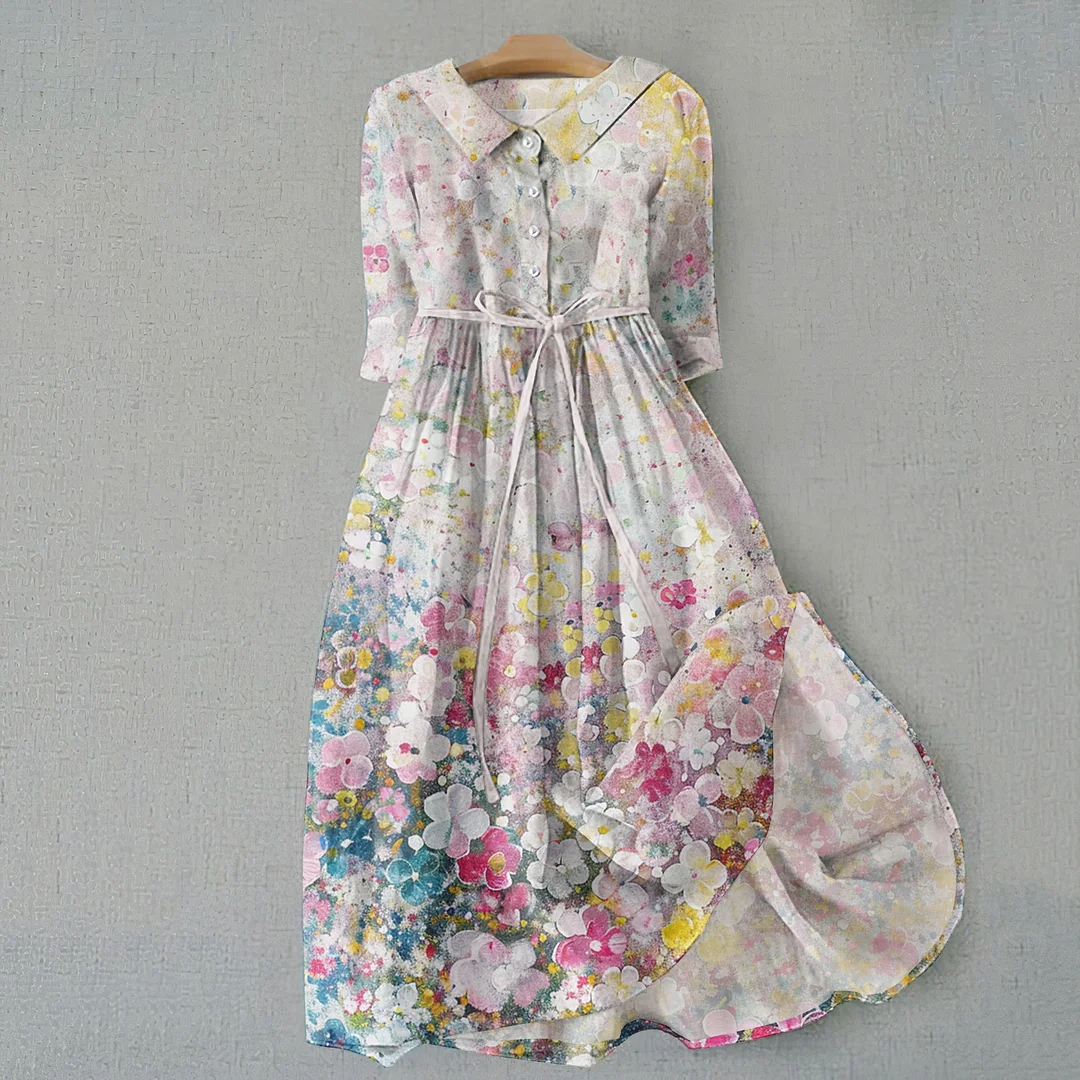 Vintage Floral Print Lapel Lace-Up Midi Dress