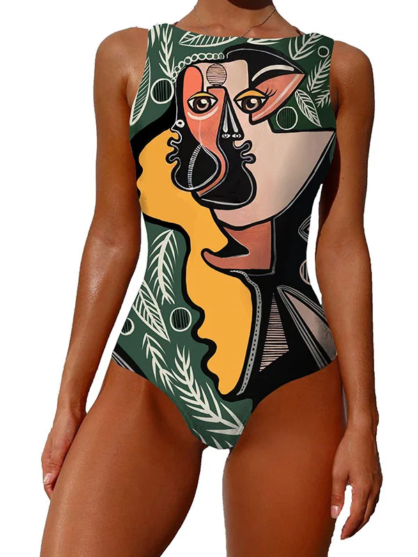 Abstract Printed Cartoon One-Piece Swimsuit 