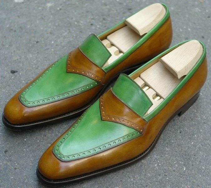 Men's Two Tone Leather Moccasins - Green and Brown