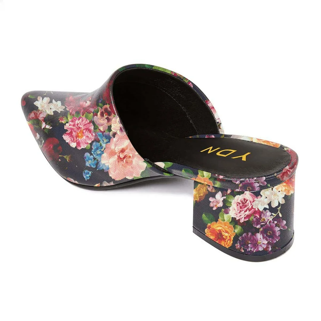 Multicolor Pointed Toe Chunky Heel Floral Print Slip On Mules Shoes