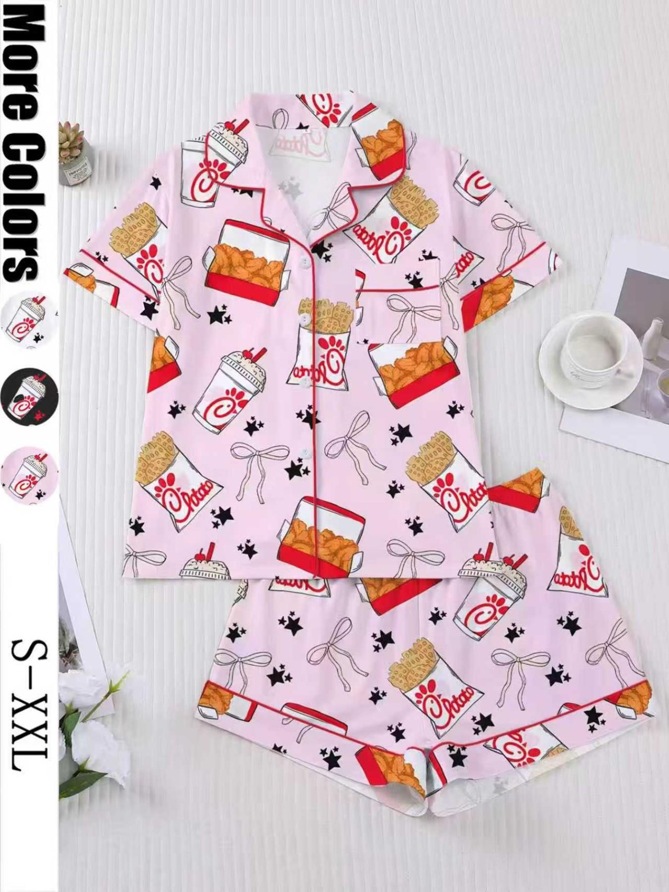 Women's Snack Chicken Bow Print Pajama Set, Short Sleeve Button-Up Soft Top & Loose Elastic Shorts, Casual Home Wear Loungewear for Daily Use Pyjamas
