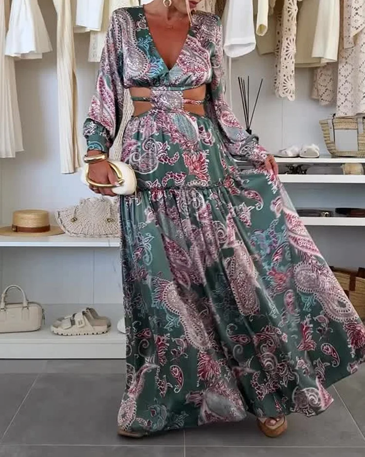 V-neck printed hollow slit dress