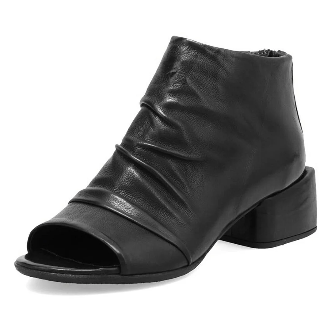 Women's Black Block Heel Wrinkled Peep Toe Booties with Zipper