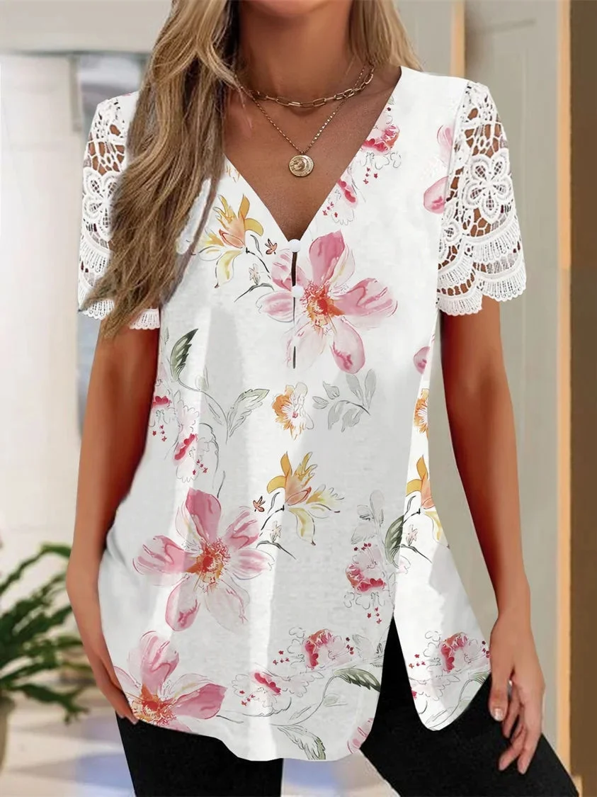 Women Short Sleeve V-neck Floral Printed Buttons Lace Top