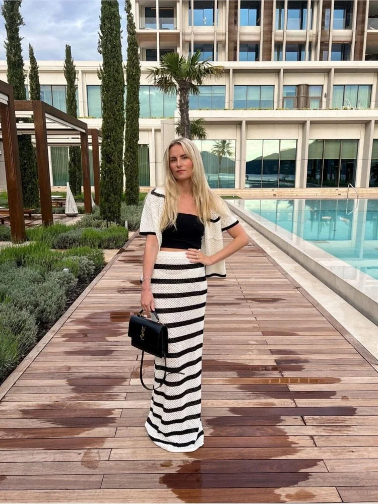 Huibahe Knitted Women's Hollow Out Top Skirt 2 Piece Set Lapel Short Sleeve Tops Striped Skirt Suit 2023 Summer Vacation Outfits