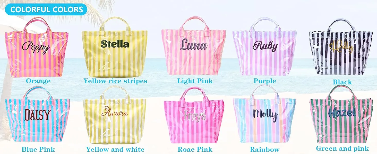 Personalized Beach Tote Bag with Name, Custom Embroidery Waterproof Striped Tote for Women