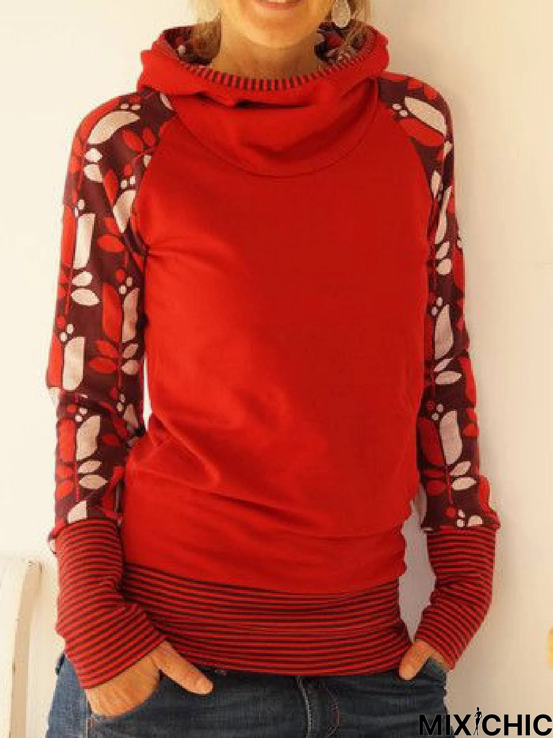 Red Floral-Print Long Sleeve Casual Cotton-Blend shirt & Tunic Top