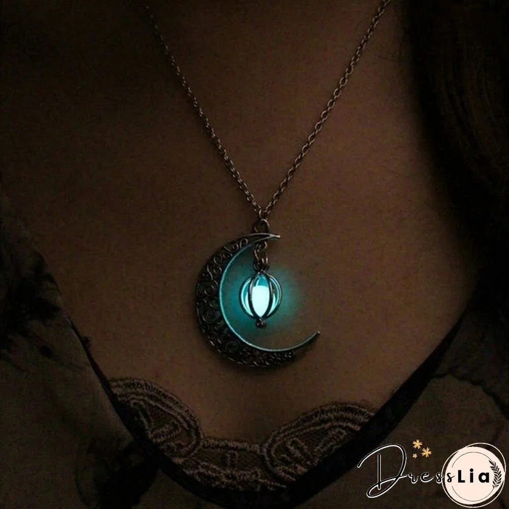 Moon Glowing Necklace Turquoise Charm Jewelry Silver Plated Necklace Pendant Luminous Necklace Gift